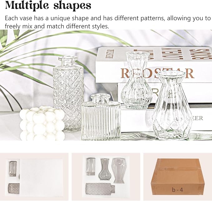 Set of 4 Glass Bud Vase Set, Small Vintage Clear Flower Vase Centerpieces for Table Bulk Cute Rustic Style Mini Vase for Home Decor Wedding Baby Shower Birthday Party