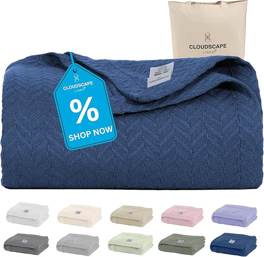 Cloud Scape Linen Herringbone Cotton Throw Blanket for Couch, Bed,Sofa, Home Decor, Soft, Lightweight, All-Season Bed Blanket, 50 x 70,Ensign Blue