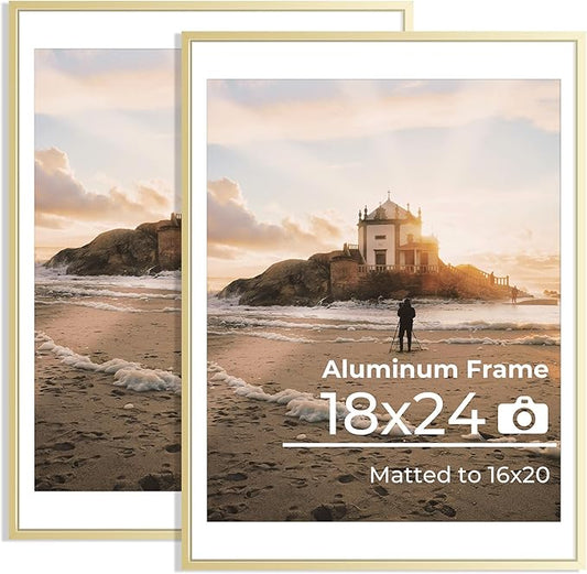 18x24 Metal Picture Frames with Mat for 16x20 Photo, 18x24 Poster Frame, Aluminum Photo Frame Set of 2, High Definition Plexiglass, Wall Decor or Tabletop Display, Golden