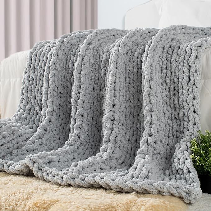 Carriediosa Chunky Knit Throw Blanket 60" X 80" Twin, 100% Hand Made Large Chenille Loop Yarn Soft Fluffy Throws for Couch Sofa Bed, Big Crochet Cozy Heavy Thick Cable Woven Blanket, Grey