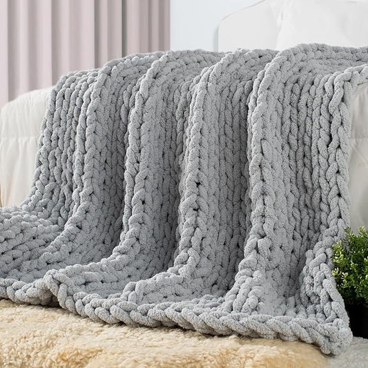 Carriediosa Chunky Knit Throw Blanket 60" X 80" Twin, 100% Hand Made Large Chenille Loop Yarn Soft Fluffy Throws for Couch Sofa Bed, Big Crochet Cozy Heavy Thick Cable Woven Blanket, Grey