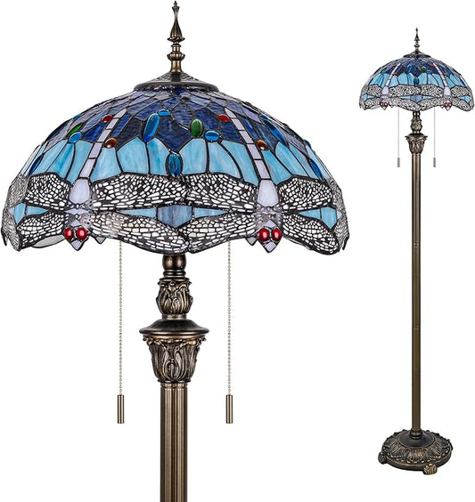 Tiffany Floor Lamp Gradient Blue Stained Glass Dragonfly Standing Reading Light 16x16x64 Inch Retro Inspired Pole Corner Lighting Art Decor for Bedroom Living Room Home Office