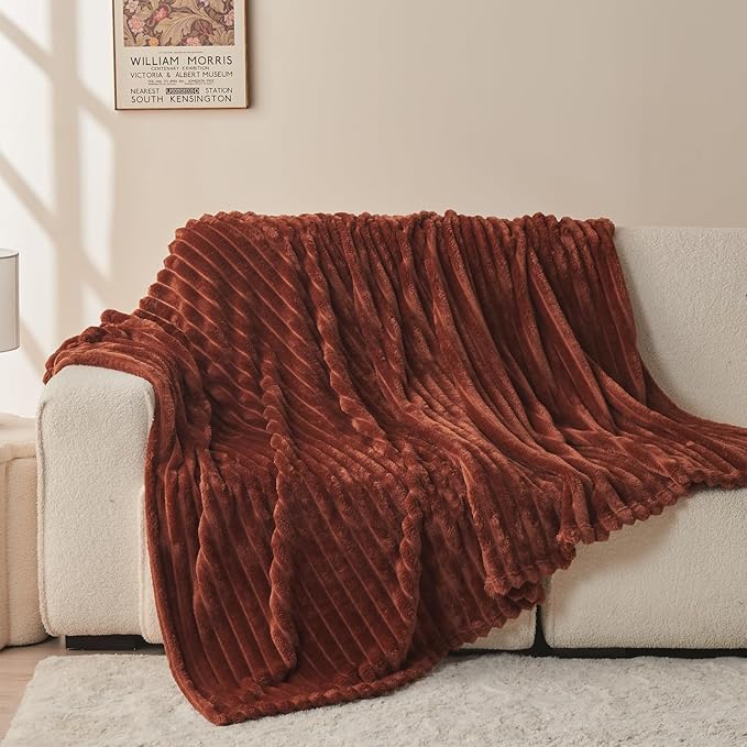 NEWCOSPLAY Super Soft Throw Blanket Coffee Premium Silky Flannel Fleece 3D Ribbed Jacquard Lightweight Bed Blanket All Season Use (Coffee Ribbed, Throw(50"x60"))