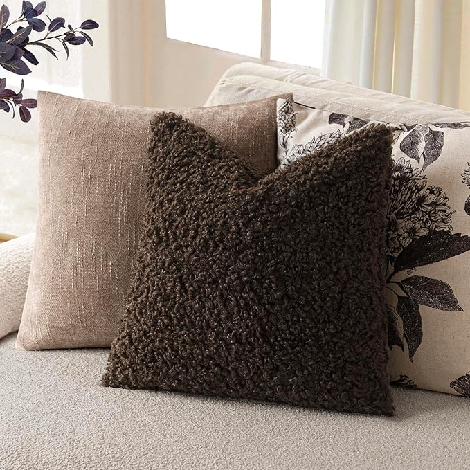 Foindtower 2 Pieces 26x26 Inch Dark Brown, Faux Fur Throw Pillow Cover Accent Sherpa Furry Pillow Covers Fuzzy Soft Pillowcases Cozy Sheepskin Decorative Fleece Cushion Case for Bed Couch Living Room