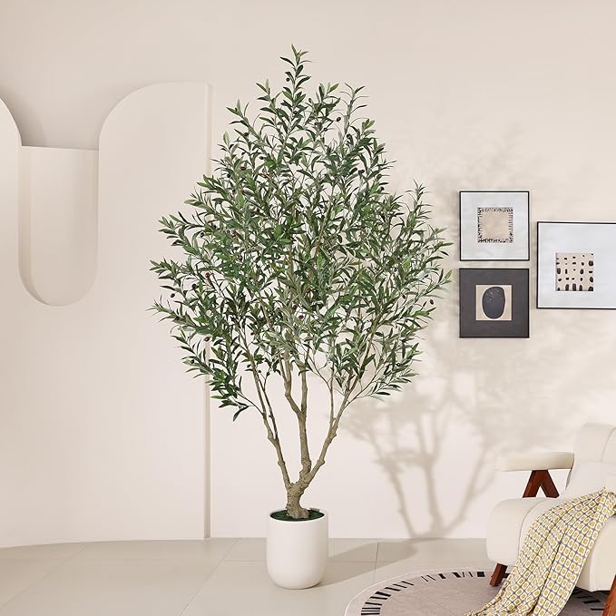 Olive Tree Artificial Indoor, 8FT Tall Faux Olive Tree with 11.5in White Cylinder Round Planter, Artificial Plants with Natural Wood Trunk and Lifelike Leaves for Home Office Decor