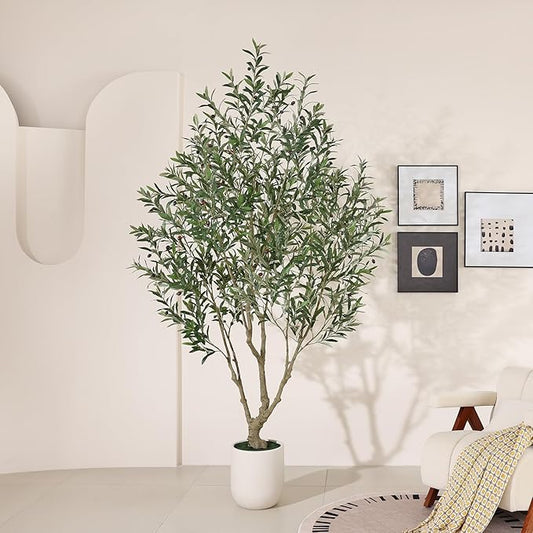 Olive Tree Artificial Indoor, 8FT Tall Faux Olive Tree with 11.5in White Cylinder Round Planter, Artificial Plants with Natural Wood Trunk and Lifelike Leaves for Home Office Decor