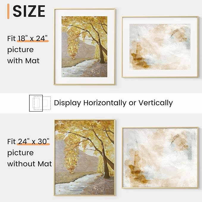 24x30 inch Metal Poster Frame - 24 x 30 Thin Aluminum Picture Frames Matted for 18x24 Photos, Artworks, Prints, Puzzle - High Definition Plexiglass - Vertical and Horizontal Display - Wall Hook Hanging Hardware Included - Gold, 2 Pack