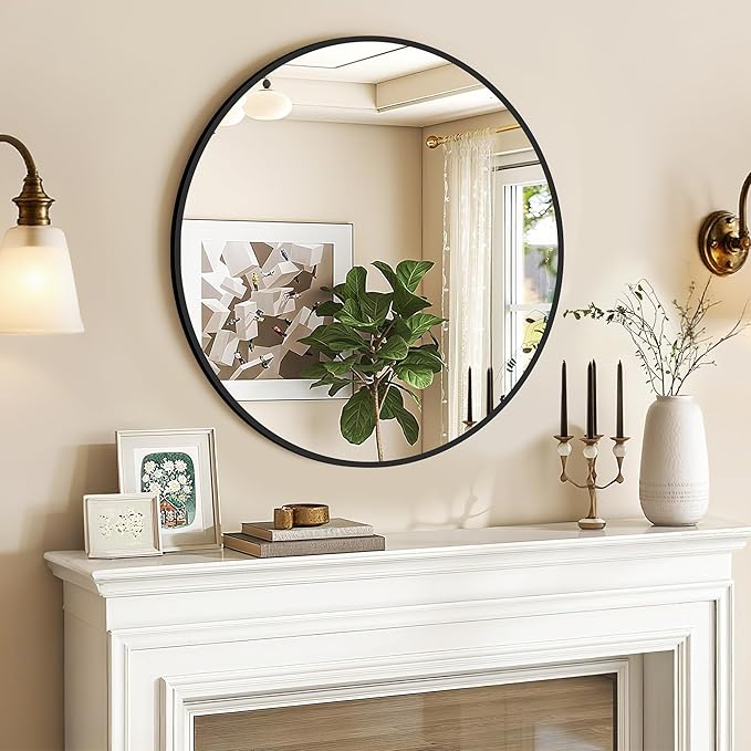 Circle Mirror, Black Round Mirror 20 Inch Round Bathroom Mirror Small Round Mirrors for Wall Decor Frosted Metal Frame Anti-Rust Tempered Glass Mirror for Bedroom Living Room Decorative