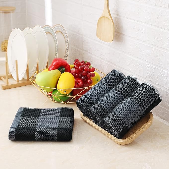 Homaxy 100% Cotton Waffle Weave Check Plaid Kitchen Towels, 13 x 28 Inches, Super Soft and Absorbent Dish Towels for Drying Dishes, 8-Pack, Black & Grey