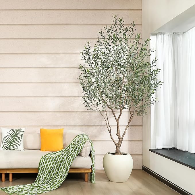 Olive Trees Artificial Indoor, 8 Feet Tall Faux Olive Tree with Round Artisan Planter, Premium Handmade, Realistic Trunk & Lifelike Leaves, Perfect for Large Spaces & Elegant Home/Office Decor