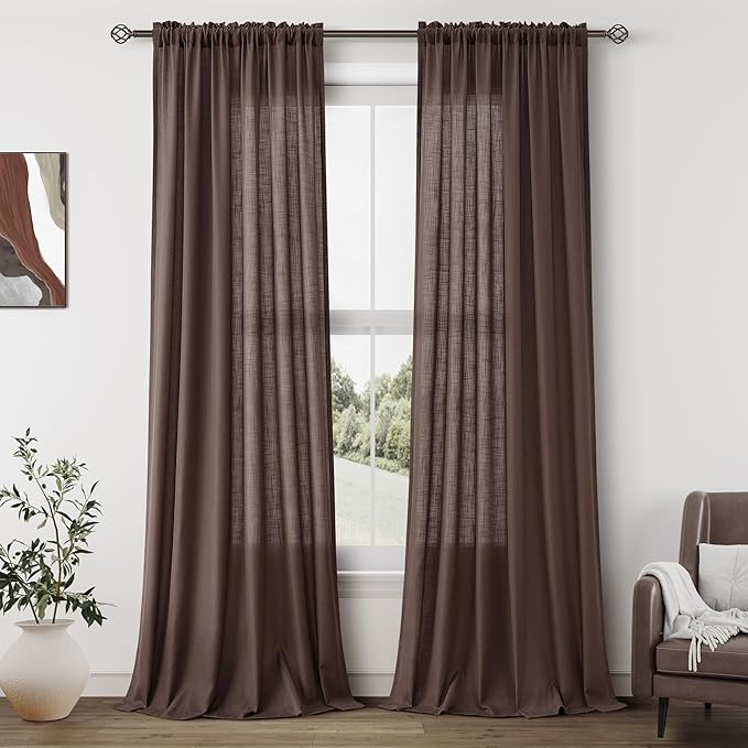 Guken Coffee Linen Curtains 96 Inch Length for Living Room Bedroom 2 Panels Set Rod Pocket Light Filtering Semi Sheer Window Curtains 52 Inch Width Boho Farmhouse Linen Drapes, W52xL96