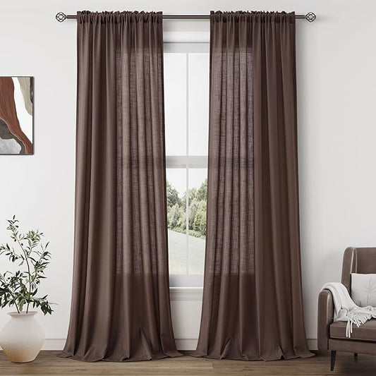 Guken Coffee Linen Curtains 96 Inch Length for Living Room Bedroom 2 Panels Set Rod Pocket Light Filtering Semi Sheer Window Curtains 52 Inch Width Boho Farmhouse Linen Drapes, W52xL96