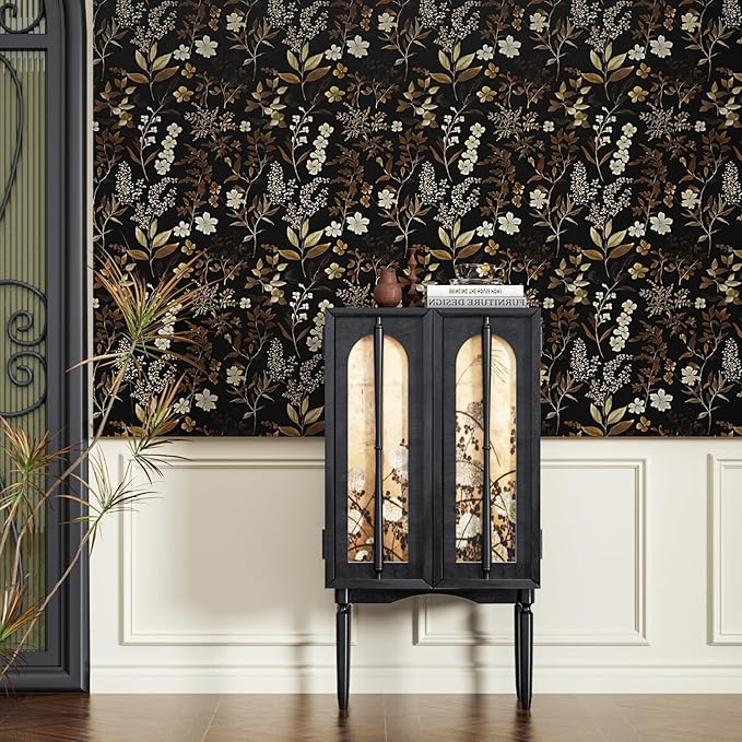 Vintage Wallpaper Peel and Stick Black Floral Wall Paper 17.4" x 118" Black Gold Contact Paper Self-Adhesive Wall Covering for Bedroom Desk Cabinet Decor