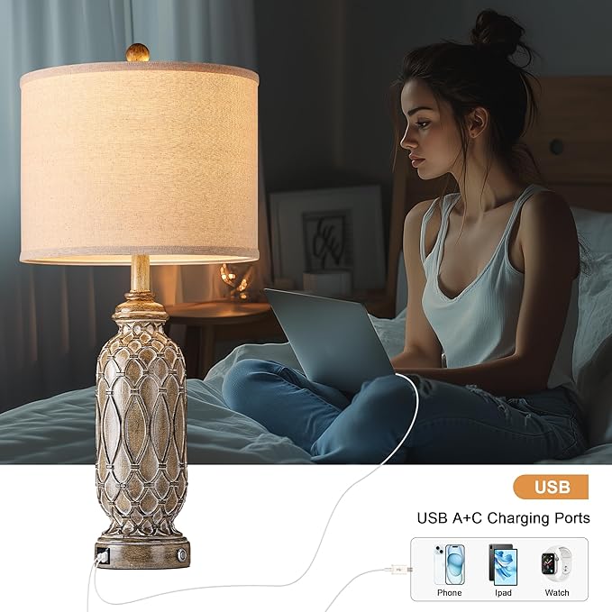 Farmhouse Lamps for Bedroom Set of 2, 28" VintageTable Lamps for Living Room with USB A+C Charging Ports, Touch Lamps for Nightstand, 2 Bulbs Included