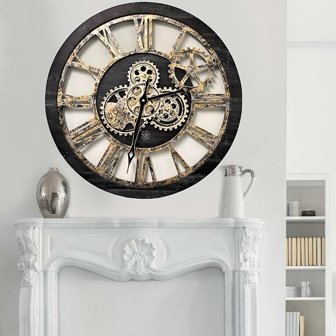 ImprovingLife The Gears Clock The Original Real Moving Gear Wall Clock Vintage Industrial Oversized Rustic Farmhouse (24 inch (60cm), Vintage Black Wood and Bronze)