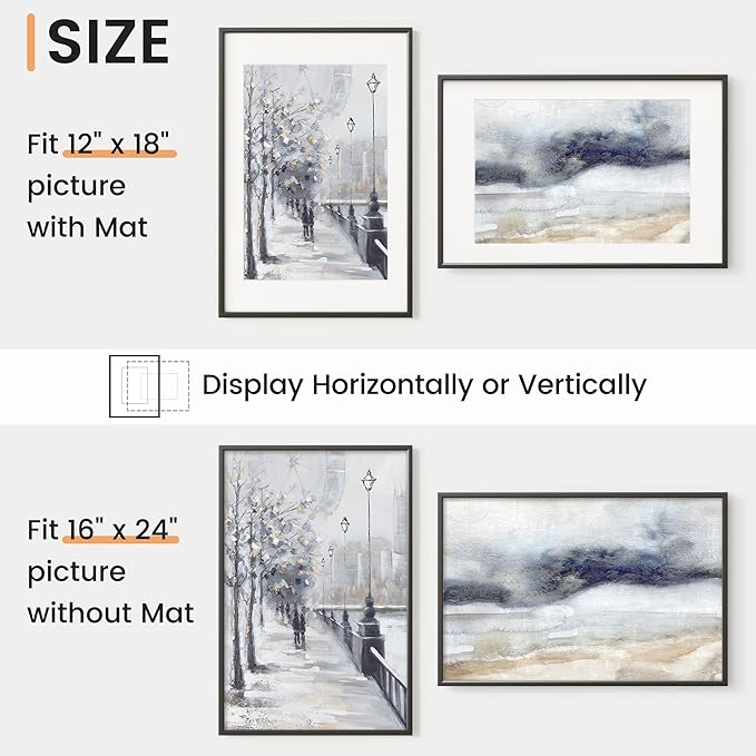 16x24 inch Metal Poster Frame - 16 x 24 Thin Aluminum Picture Frames Matted for 12x18 Photos, Artworks, Prints, Puzzle - High Definition Plexiglass - Vertical and Horizontal Display - Wall Hook Hanging Hardware Included - Black, 4 Pack