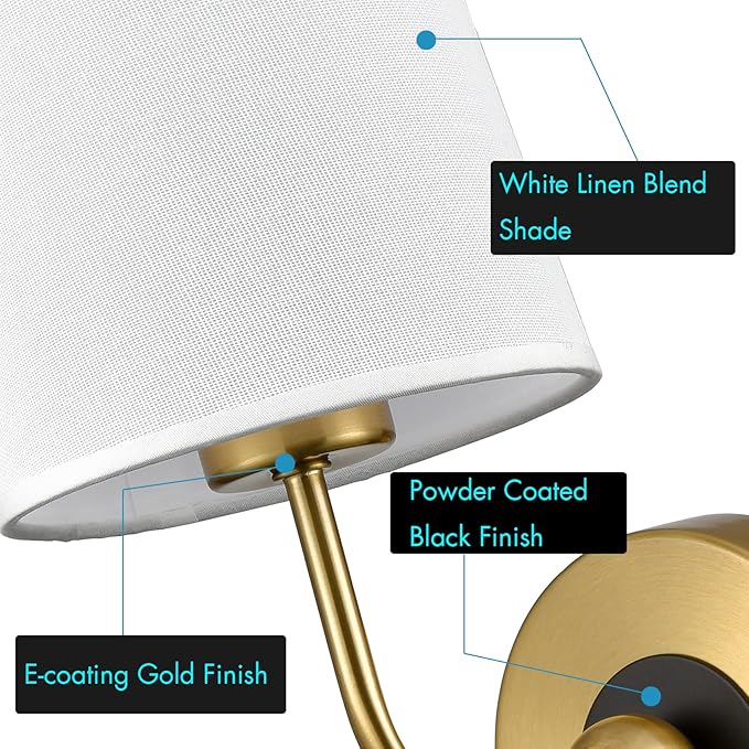 DAYCENT Mid Cnetury Gold Wall Sconces Set of Two 1-Light Modern Fabric Shade Wall Lamp Hardwired Brass Sconces Wall Lighting for Bathroom Bedroom Hallway Living Room
