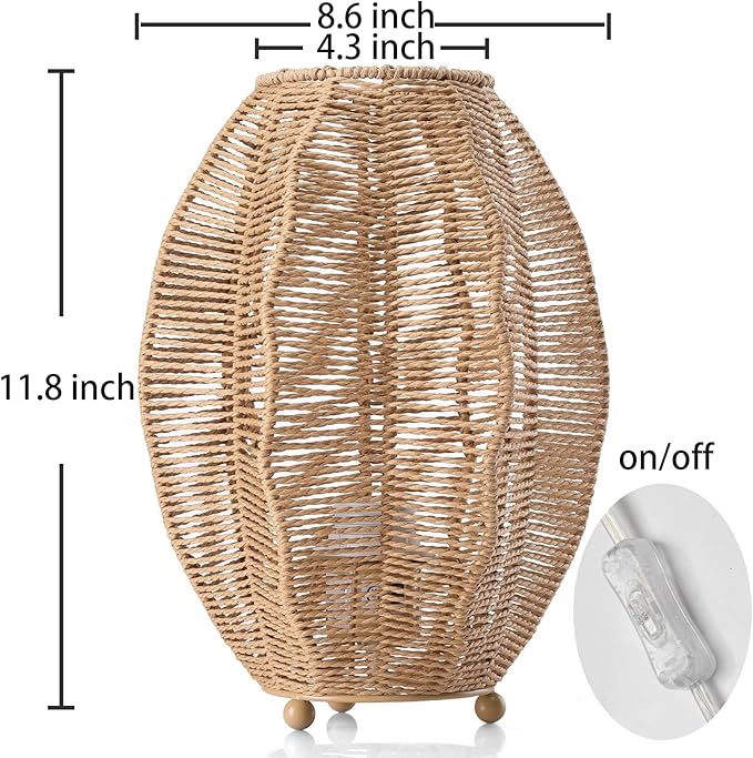 Rattan Woven Side Table Lamp for Bedroom Living Room, Boho Coastal Lamp Farmhouse Nightstand Lamp Tripod Desk Lamps Mid Century for Beach Room Kids Room Cafe Bar
