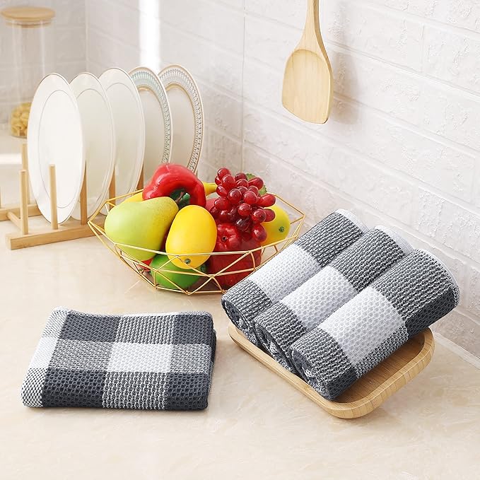 Homaxy 100% Cotton Waffle Weave Check Plaid Kitchen Towels, 13 x 28 Inches, Super Soft and Absorbent Dish Towels for Drying Dishes, 4-Pack, White & Dark Grey