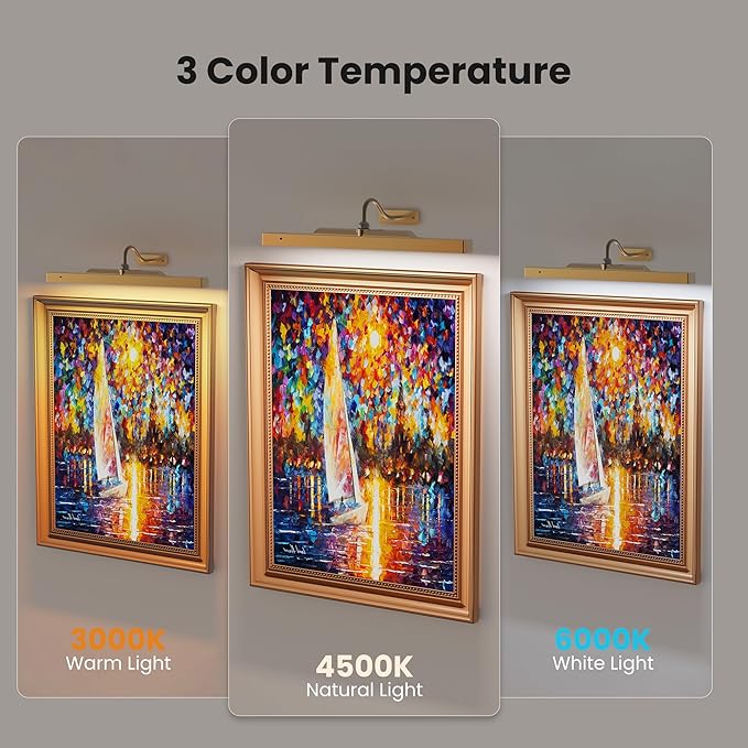 Brass Picture Light Wireless, Battery Powered Art Light for Pictures– 5000mAh, 350LM, Dimmable, Remote Control, 16in Wall Gallery Light for Display, Wall, Artwork,Photos (2 Pack)