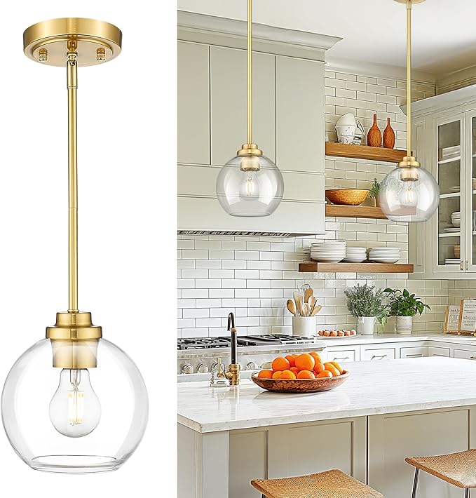 Modern Polished Gold Pendant Light, 7Inch Mid Cenrury Globe Hanging Light Fixture with Clear Glass for Kitchen Island Dining Room Bedroom Hallway Foyer (1 Pack), PL101BG