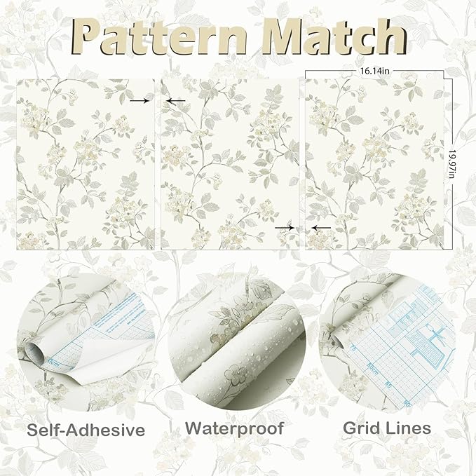 Vinjiasin Wallpaper Peel and Stick Yellow Floral Contact Paper Modern Self Adhesive Removable Beige Flower Leaf Wall Paper for Bathroom Bedroom Living Room 16.1"x 118"