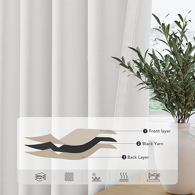 100% Blackout Linen Curtains for Bedroom Thermal Insulated Grommet Complete Blackout Drapes 80 Inch Length 2 Panels Set Heat and Full Light Blocking Living Room Darkening Curtains Ivory
