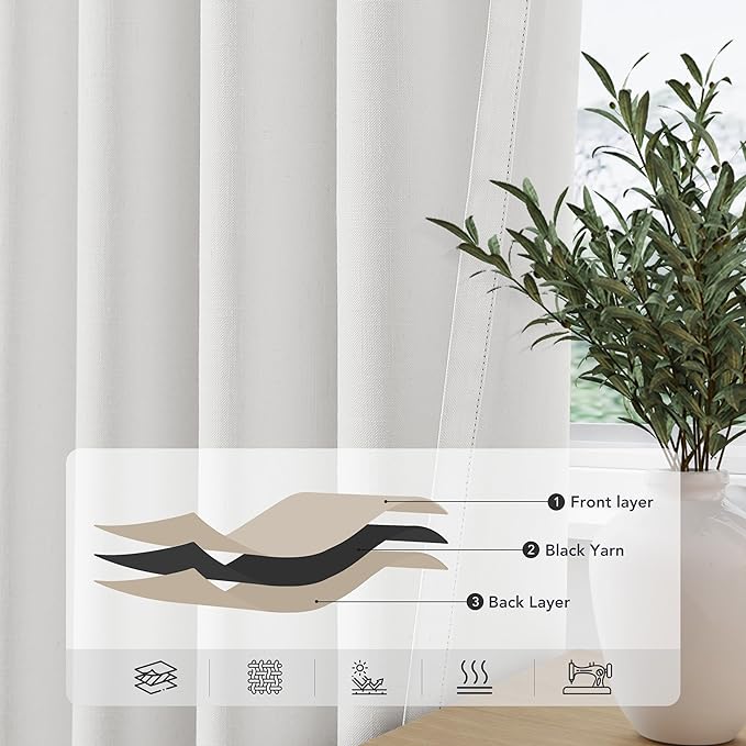 Ivory Linen Blackout Curtains 120 inches Long for Bedroom Grommet Modern Farmhouse Light Black Out Curtains Primitive Textured Neutral Earthy Energy Saving Heat Blocking Window Curtain Eyelet 2 Panels