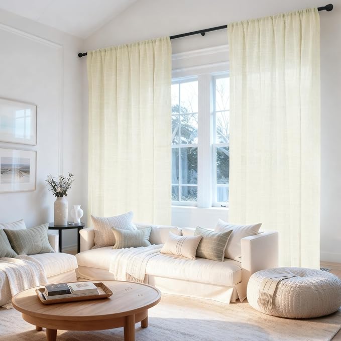 HESTIA Linen Curtains 84 inch Long 2 Panel Set Light Filtering Cream Curtain for Living Room Bedroom 42 inch Wide Blackout Drapes with Rod Pocket Back Tab Pin Hooks (84" Lx42 W)