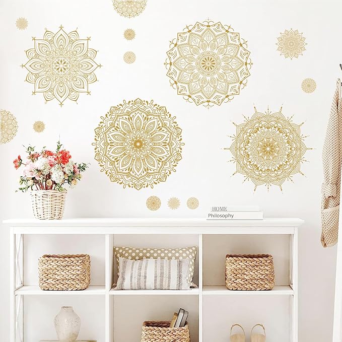 Large Mandala Wall Sticker Peel and Stick Boho Lotus Flower Wall Stickers Decor Mandala Floral Window Decals Clings Headboard Gold Mandala Wall Art Decal for Bedroom Living Room Yoga Decoration