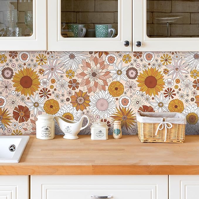 Livelynine Retro Wallpaper Peel and Stick Pink Orange White Yellow Retro Flower Wallpaper for Bathroom Kitchen Dresser Mid Century Vintage Contact Paper Removable Self Adhesive 17.5x78.8 Funky Groovy
