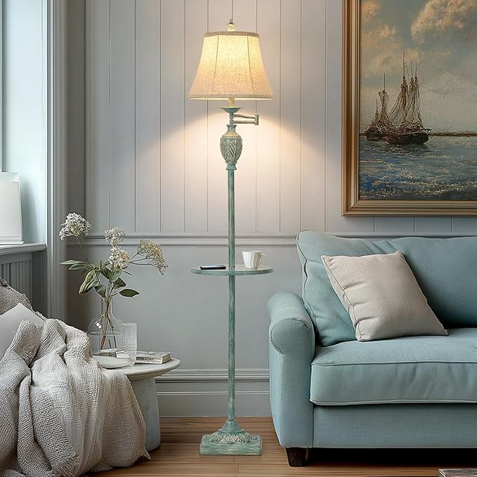 Traditional LED Floor Lamp with 350° Adjustable Swing Arm Lamp – Vintage Standing Pole lamp for Living Room, Bedroom and Office – Rustic Upright Floor Light for Home Décor with Silk Fabric Shade