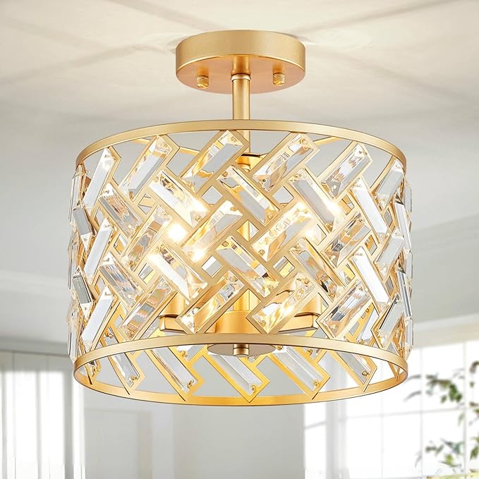 Shrine Lighting Crystal Ceiling Light, Gold Crystal Chandelier for Living Room, D12'' x H11.2'', E12*3 Sockets, Ctystal Lampshade & Gold Finish Frame