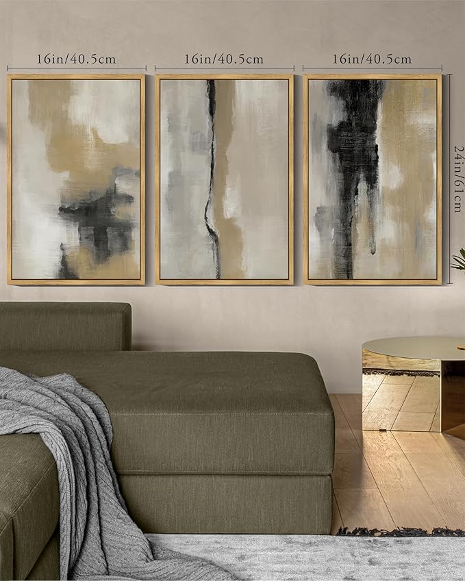 KUVIOKE Black Abstract Framed Wall Art Neutral Graffiti Pastel Minimalist Wall Decor Modern Art Painting for Bedroom Living Room 16x24in (Natural Framed)