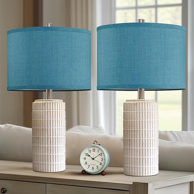 23" Modern Ceramic Nightstand Table Lamps Set of 2, Nautical Lamps for Bedroom Bedside, Side Table Lamps for Living Room, Dining Room, Office, 2 LED Bulbs Included (Blue)