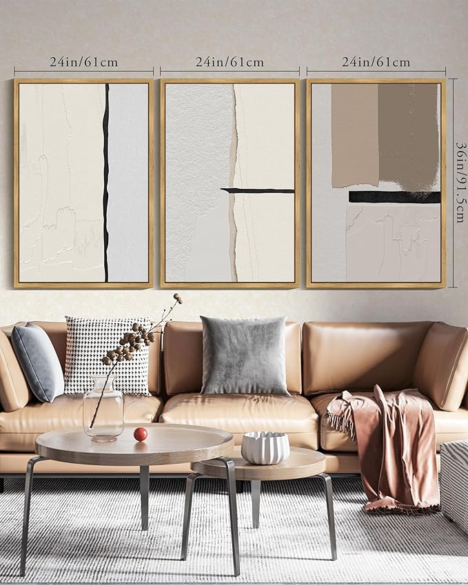 KUVIOKE Neutral Abstract Framed Wall Art Beige Mid Century Textured Wall Decor Minimalist Modern Illustrations Art Print Home Decor 24x36in (Natural Framed)