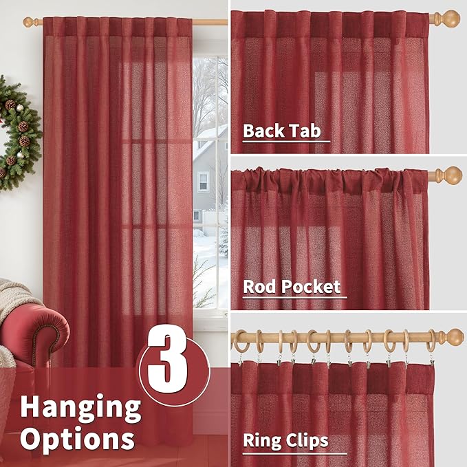YoungsTex Red Linen Curtains 80 Inch Length for Living Room, Light Filtering Semi Sheer Drapes with Back Tab Rod Pocket for Christmas Bedroom Dining Room, 2 Panels, 52 X 80 Inch
