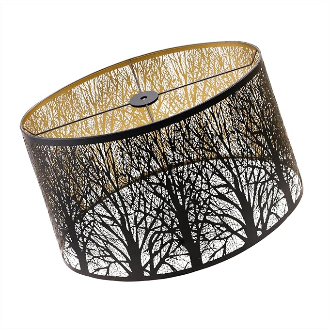 Large Oval Etched Metal Lampshade with Forest Pattern, (14×8.5)" Top x (16×10.5)" Bottom x 9.5" High, lron Cover Lamp Shade for Table Lamps, Floor Lamps Replacement (Antique Black and Gold)