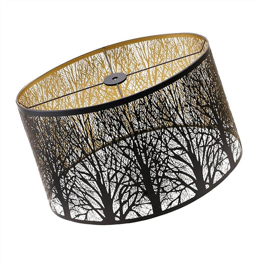 Large Oval Etched Metal Lampshade with Forest Pattern, (14×8.5)" Top x (16×10.5)" Bottom x 9.5" High, lron Cover Lamp Shade for Table Lamps, Floor Lamps Replacement (Antique Black and Gold)