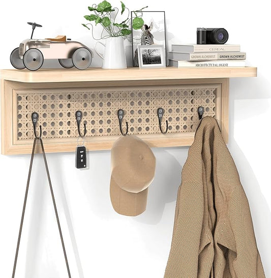 Homode Coat Rack Wall Mount with Shelf, Boho Rattan Entryway Wall Shelf with Hooks, Natural Wood Floating Shelves with 5 Pegs, Hanging Coat Hooks Hat Hanger for Nursery Bedroom Living Room Kitchen