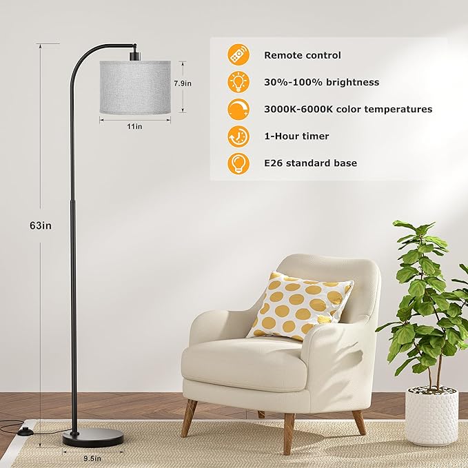 Arc Floor Lamp with Remote and Stepless Dimmable Bulb, Colors Temperature & Brightness Adjustable, Floor Lamps for Living Room（Grey Shade & Black Pole）