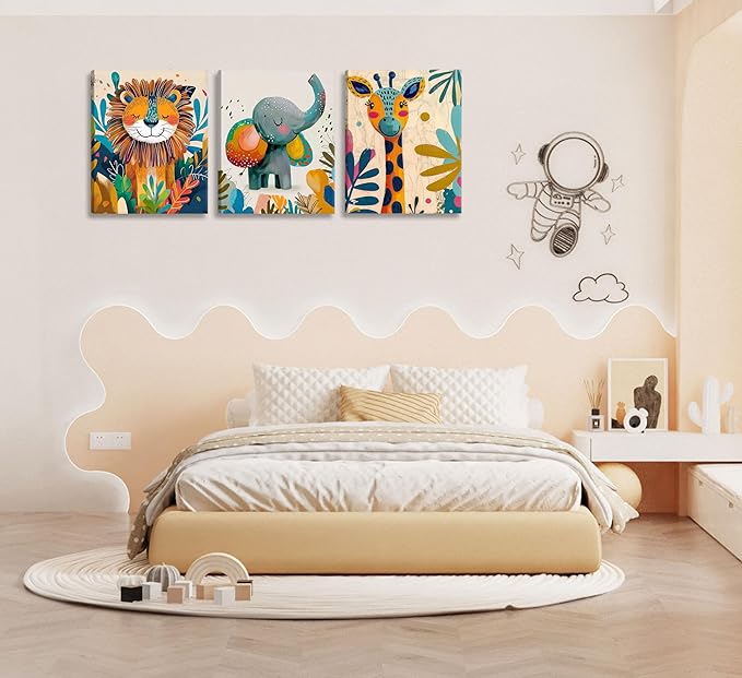 3Pcs Safari Animal Nursery Canvas Wall Art Cute Watercolor Elephant Giraffe Lion Pictures Wall Decor Colorful Jungle Animals Posters Painting Prints for Kids Room Baby Boys and Girls Room, Framed