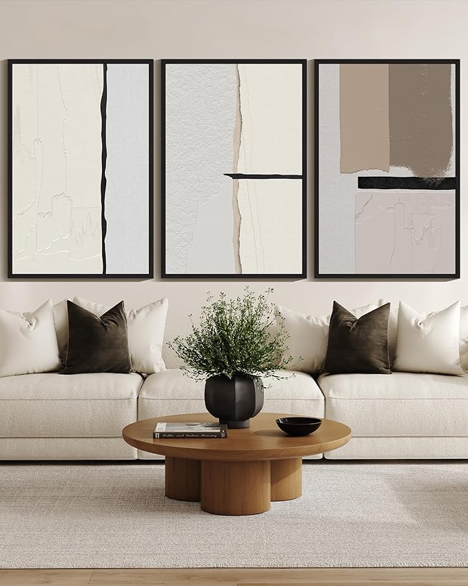 KUVIOKE Neutral Abstract Framed Wall Art Beige Mid Century Textured Wall Decor Minimalist Modern Illustrations Art Print Home Decor 24x36in (Black Framed)