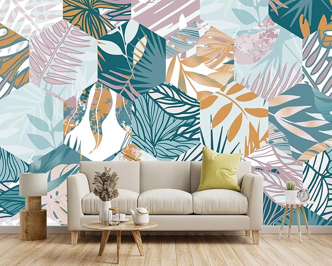 -Abstract Geometry Botanical Banana Leaf Fabric Wallpaper Living Room Bedroom Bathroom Tropical Plant Leaf Wall Mural- 91"x65"（ not Peel and Stick）