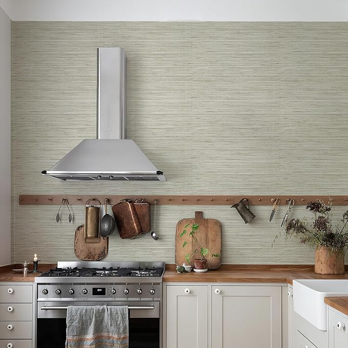 Grasscloth Peel and Stick Wallpaper 17.3" x 197" Renter Friendly, Cream Textured Grassweave Wallpaper Self Adhesive Removable for Bathroom Bedroom