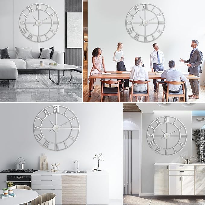 Large Wall Clock, 24-Inch(60CM) Roman Numeral Decorative Art,Completely Silent, Non Ticking, Battery-Operated Metal for Living Room, Bedroom and Kitchen-Silver