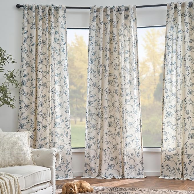Lazzzy Farmhouse Lined Linen Blue Floral Curtains 96 Inch Long Back Tab Drapes for Living Room Bedroom Light Filtering Country Vintage Rod Pocket, 2 Panels, Blue on Beige