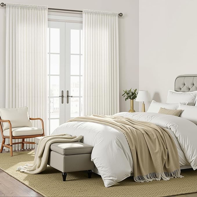 Guken Extra Wide Curtains 102 Inches Long Linen Sheer Curtains Light Filtering Semi Sheer Linen Drapes for Patio Sliding Door with Rod Pocket 100 x 102 Drapes Living Dining Room 2 Panels,Natural