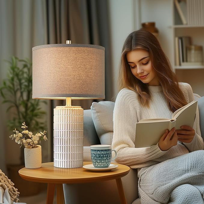 23" Set of 2 Ceramic Table Lamps, Farmhouse Bedside Lamp for Bedroom Living Room Nightstand Entryway, Side Table Lamps Modern Desk Lamp, 2 LED Bulbs Included (Gray)