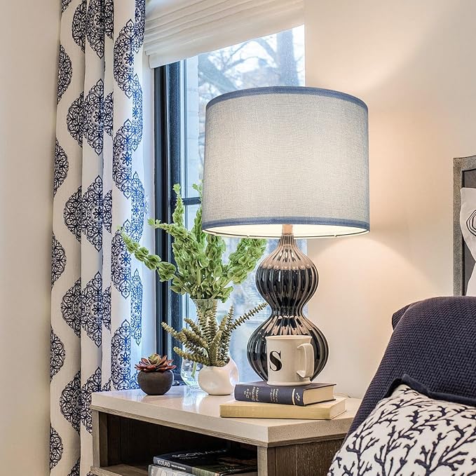 Lamp Shades Set of 2, Drum Lampshade for Table Lamps Floor Lamp, 13" Top X 13" Bottom X 10" High Blue Large Line Fabric Lamp Shades, Easy Assembly Replacement Lampshades